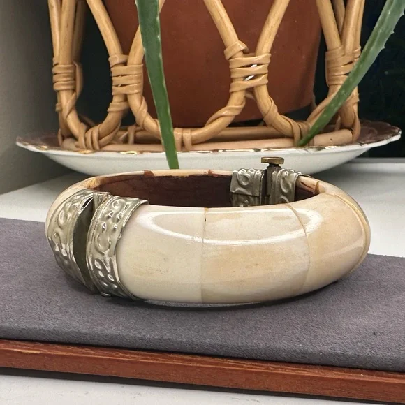 Vintage Mid-Century Bone & Wood Bangle, Hinge Pin Clasp, Tribal Style - Picture 1 of 8